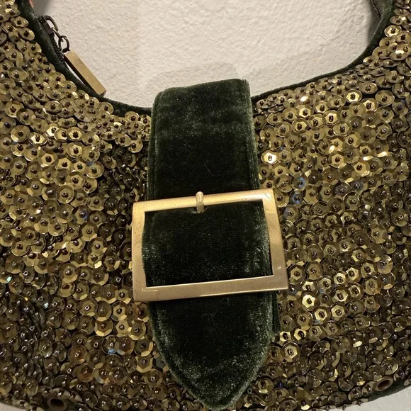 Big Buddha Emerald Velvet & Beaded Sequin Handbag - Gold Hardware - Rare - Picture 4 of 9
